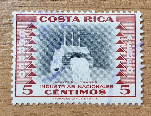 Costa Rica Stamp 1954. Country Industry; Rafinery of Vegetable Oils and Fats. Sc: CR C227. Used.