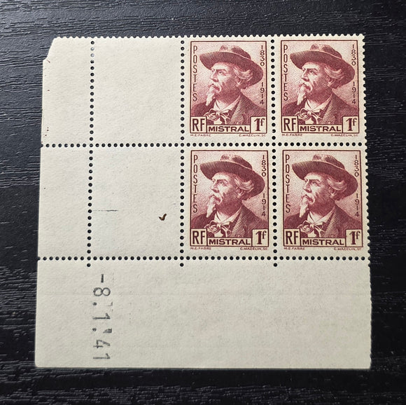 France Block of 4 Stamps With Dated Corner 1941, Mistral. FR: 495CD. Mint Hinged.
