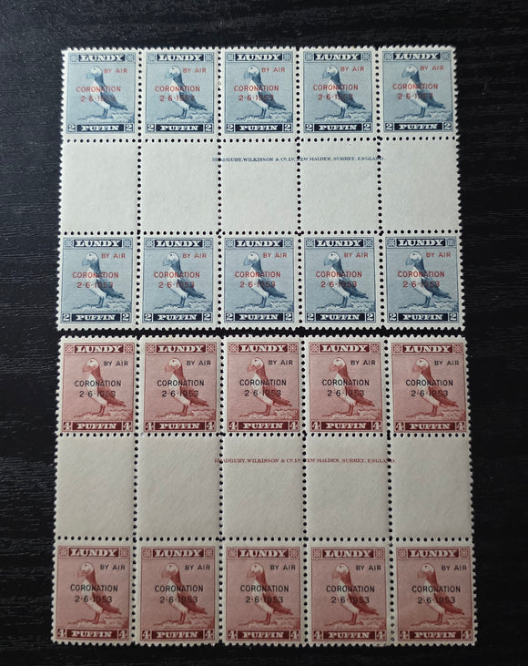 Lundy Part Panes Stamps Coronation 1953. 2p and 4p. Mint.