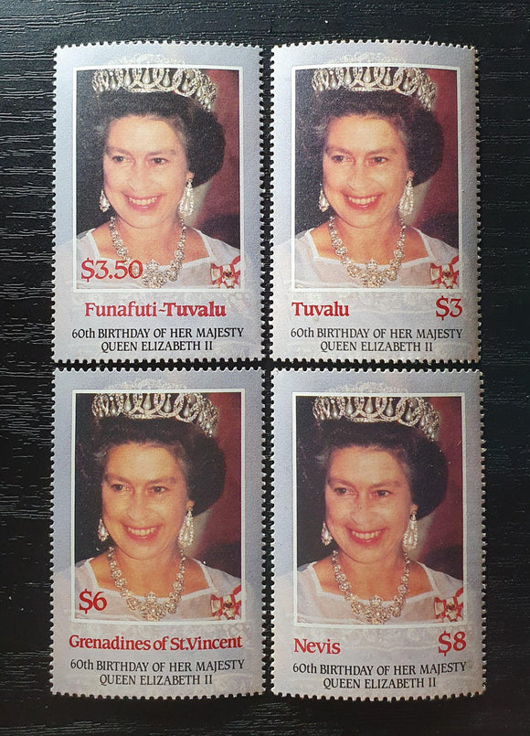 Funafuti, Tuvalu, Grenadines of St Vincent & Nevis Stamps 1986. 60th Anniversary of The Birth of Queen Elizabeth II. Mint - StampsPhilately