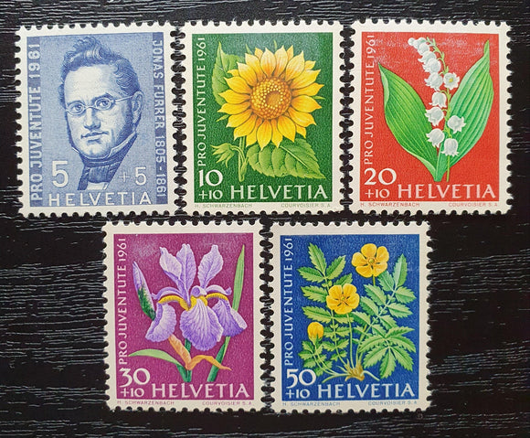 Switzerland Stamps 1961. Pro Juventute, 100th Anniversary of the Death of Jonas Furrer; Meadow and Garden Flowers. Mi: CH 742/6. Mint. - StampsPhilately