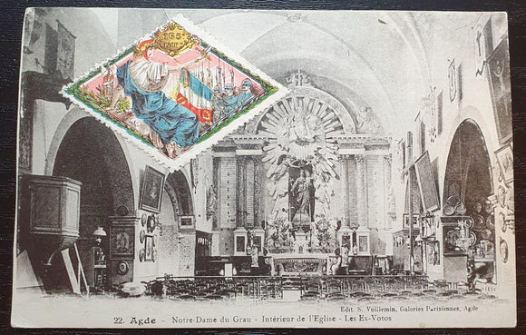 France Postcard 1918. Interior of Notre Dame du Grau. From Therese Berard. - StampsPhilately