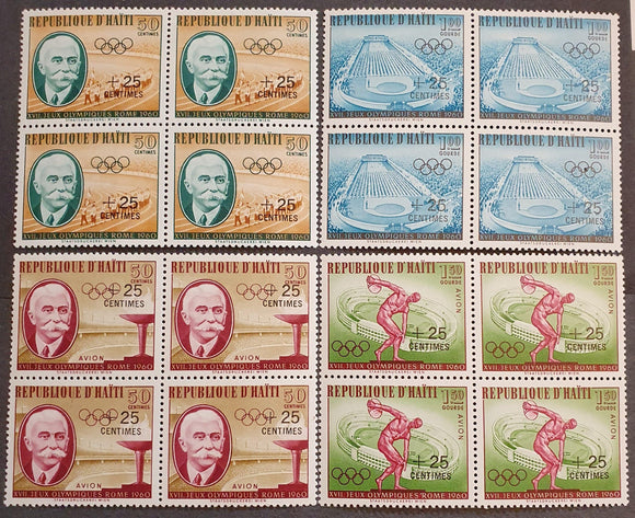 Haiti Block of Stamps 1960. Olympic Games, Rome; Surcharged. Sc: HT B18/21. Mint. - StampsPhilately