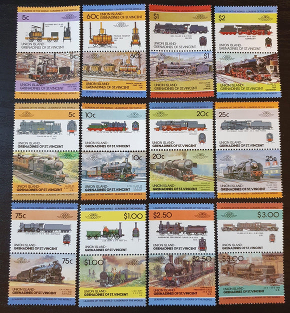 Union Island Se-Tenant Stamps 1984. Locomotives. Sc: VC-UN 13/57. Mint. - StampsPhilately