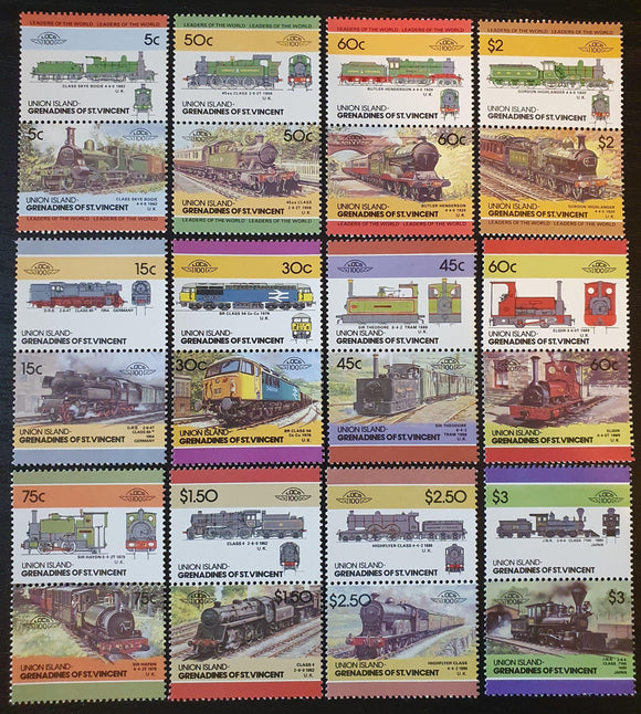 Union Island Se-Tenant Stamps 1985/6. Locomotives. Sc: VC-UN 15/59. Mint. - StampsPhilately