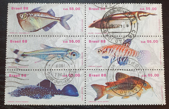 Brazil Se-tenants Stamps 1988. Freshwater Fishes. Sc: BR 2157. Used. - StampsPhilately