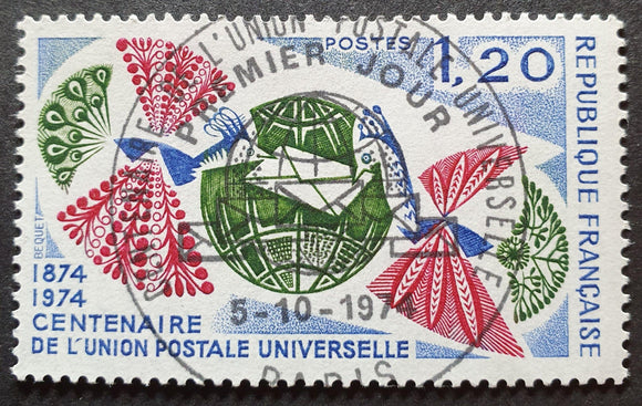 France Stamp 1974. Centenary of UPU. First Day of Issue Cancel. CTO. - StampsPhilately