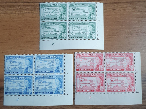 Jamaica Block of Stamps 1958. Inauguration of British Caribbean Federation. Sg: JM 175/7. Mint.