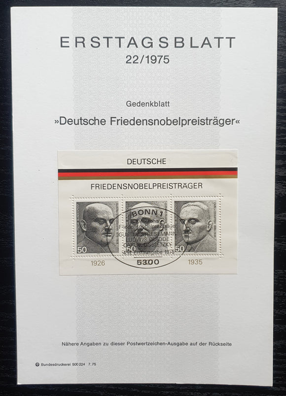 Germany First Day of Issue Sheet 1975. Nobel Prize Winners. Mi: DE BL11.