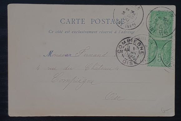 France Postcard 1900/1901 from Rouen to Compiegne. Stamp 1898: Yt & Spink 102.