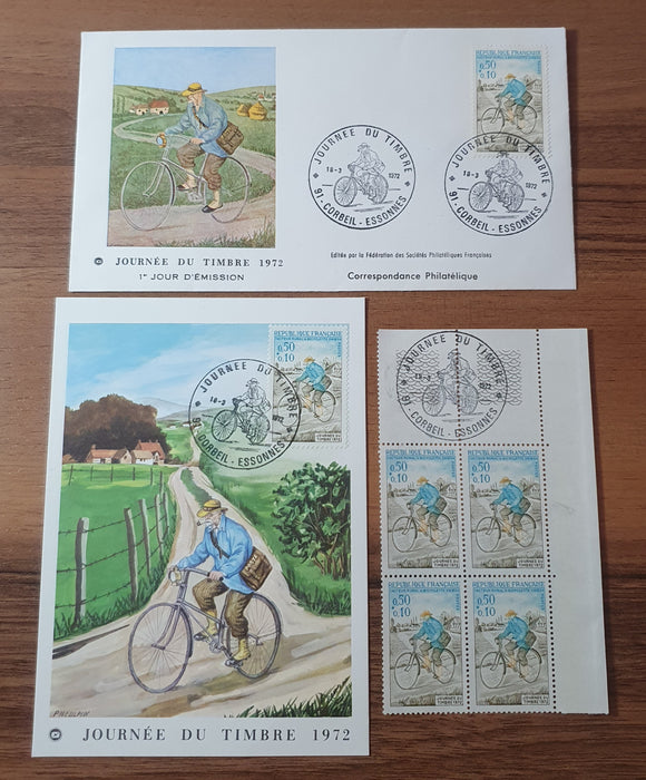 France Block Stamps, FDC & Max Card 18/03/1972. Stamp Day, Rural Postman on a bicycle in 1894.