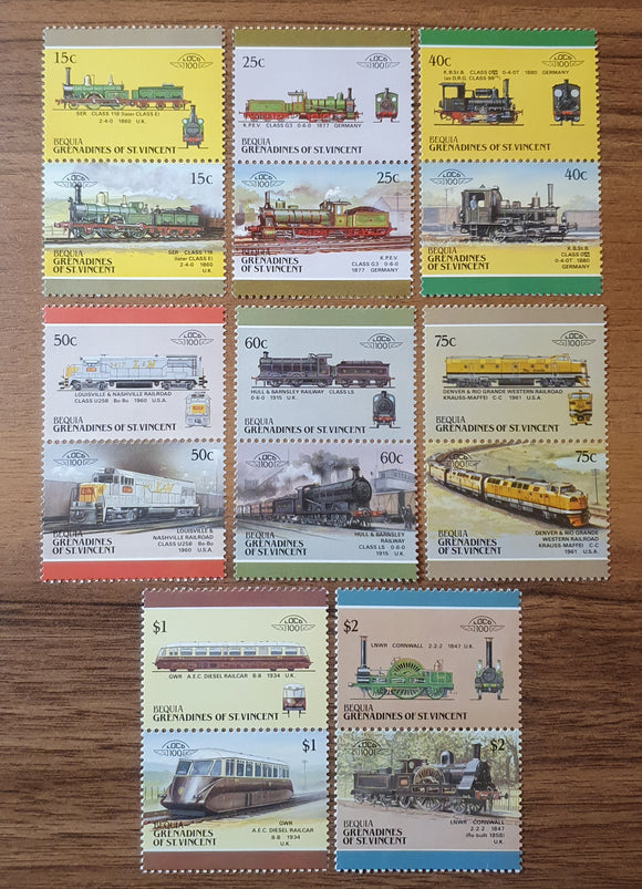 Bequia, Grenadines of St Vincent Se-Tenant Stamps 1987. Locomotive, Railway. Mc: VC-BQ 238/53. Mint.