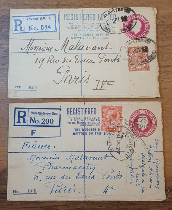 Great Britain Registered Covers to Mr Malavant in Paris, France 1923/7.