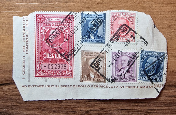 Italy Revenue Fiscal Tax Stamps on piece.