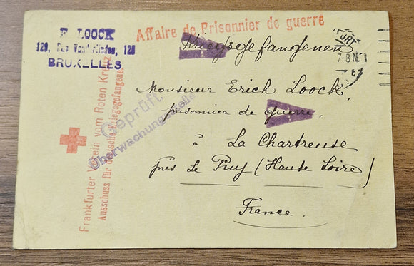 Prisoner of War Card from Brussels (Belgium) to Le Puy( France), 1916. Frankfurt Red Cross.