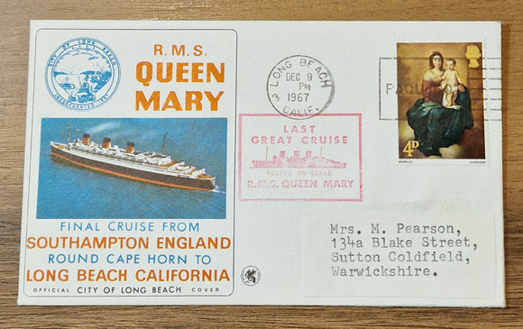 Paquebot Cover sent from Long Beach, California in the R.M.S Queen Mary to Warwickshire. 1967.