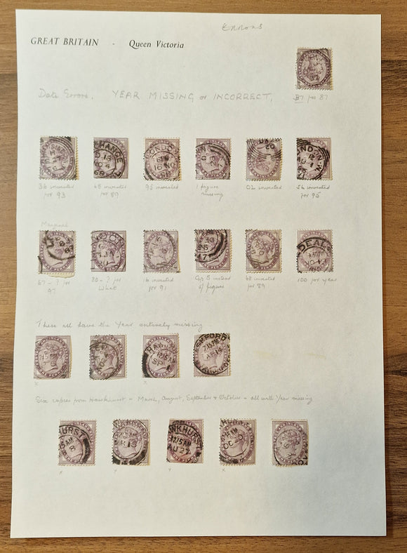 Great Britain Page of Stamps QV 1881 1p with Dates Errors.