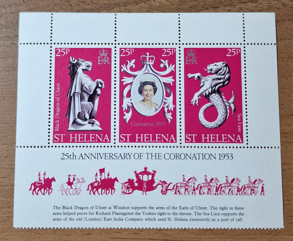 St Helena Minisheet Stamps 1978. 25th Anniversary of the Coronation. Sg: