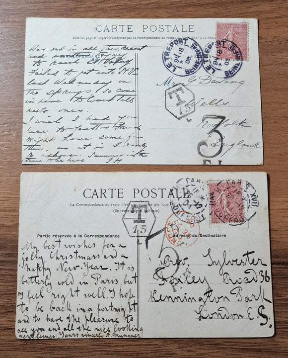 France Postcard to Great Britain 1903/4 with 3d Postage Due and hexagonal T/15/L (London) Marks.