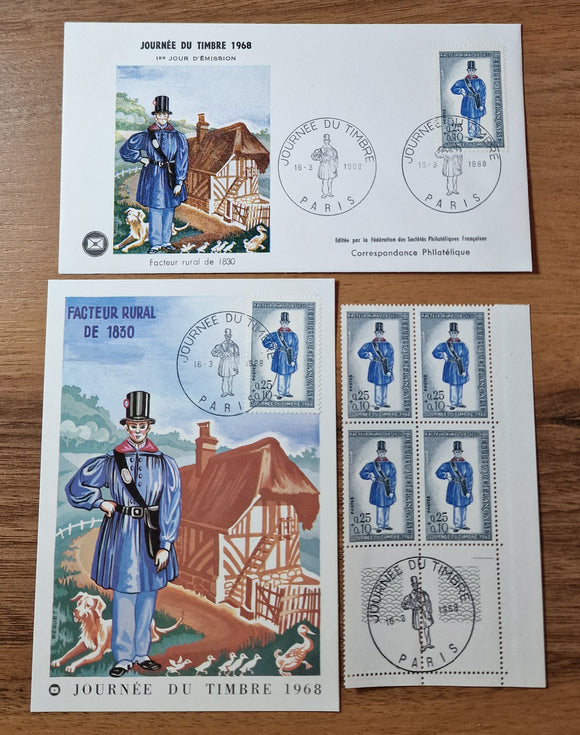 France Block of Stamps, FDC & Max card. 16/03/1968. Rural Postman in 1830.