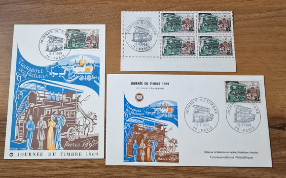 France Block of Stamps, FDC & Max card. 15/03/1970. Transportation of Postman in Paris, 1890.