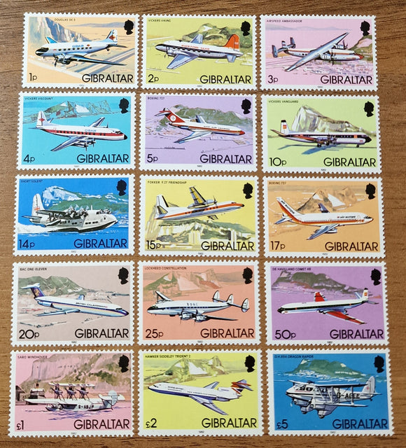 Gibraltar Stamp 1982 Complete Set. Aircraft. Sg: GI 460/74. Mint.