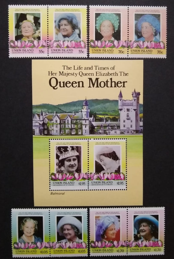 Grenadines of St Vincent, Union Island Stamp & Minisheet 1985. Queen Mother's 85th Birthday.